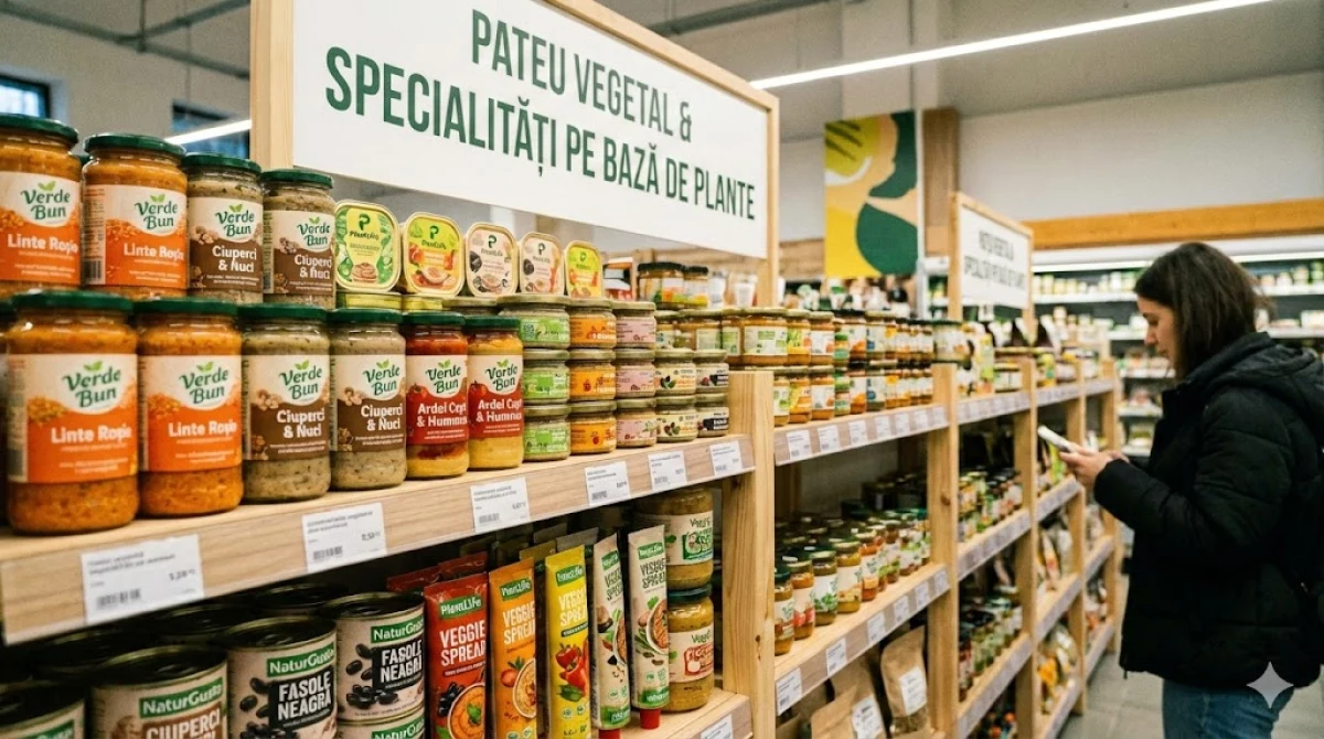 Sortimente de pateu vegetal din comerț, aliniate pe rafturile unui magazin