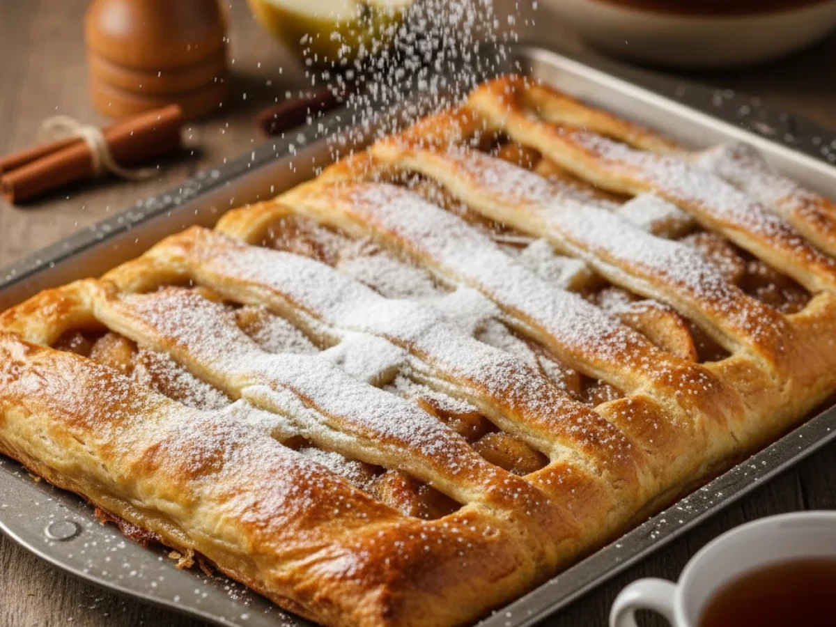 Plăcintă cu mere de post proaspăt coaptă, pudrată ușor cu zahăr